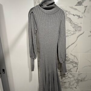 Gray Ribbed Turtleneck Knit Dress - Women